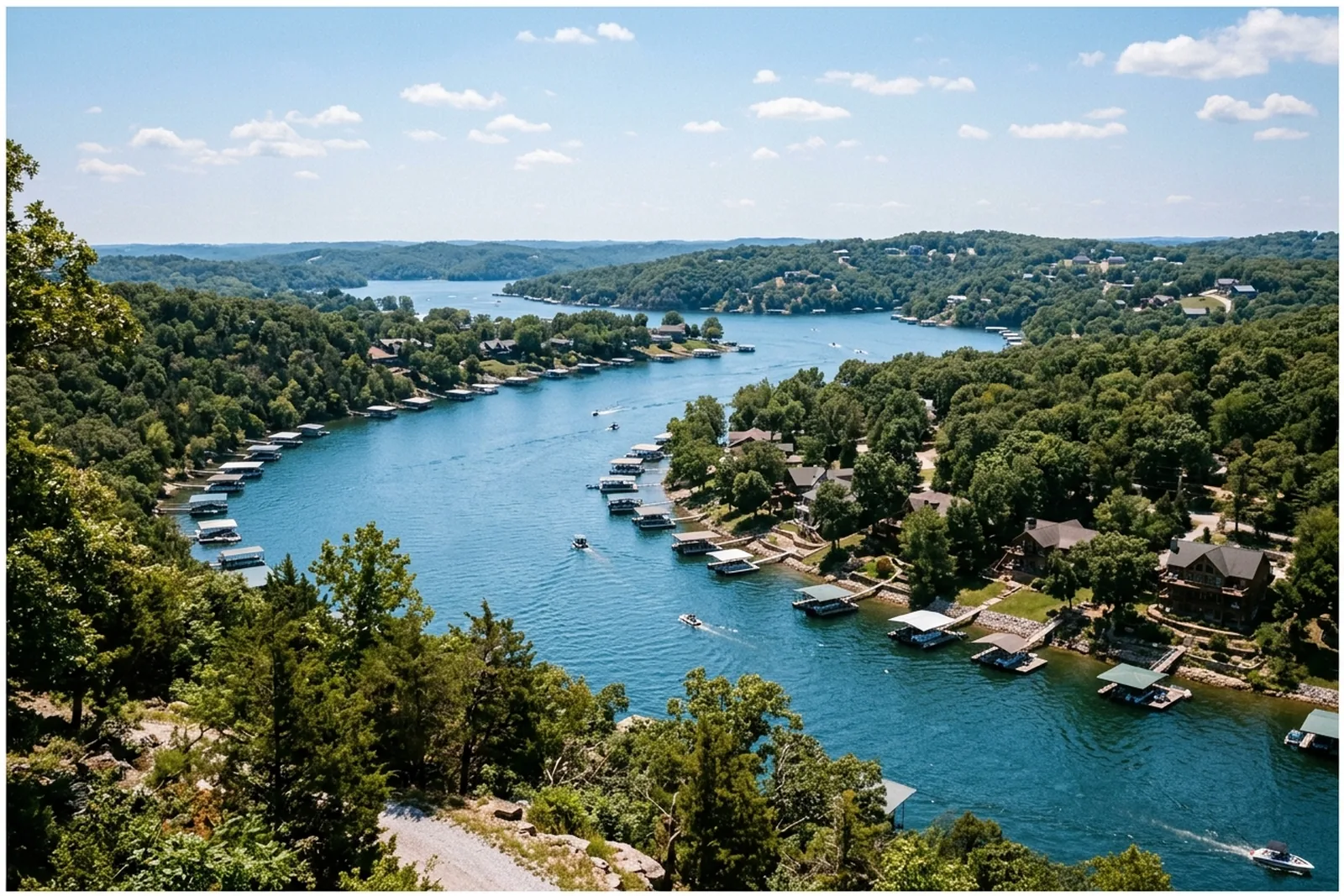 Lake arm with wooded bluffs and covered docks