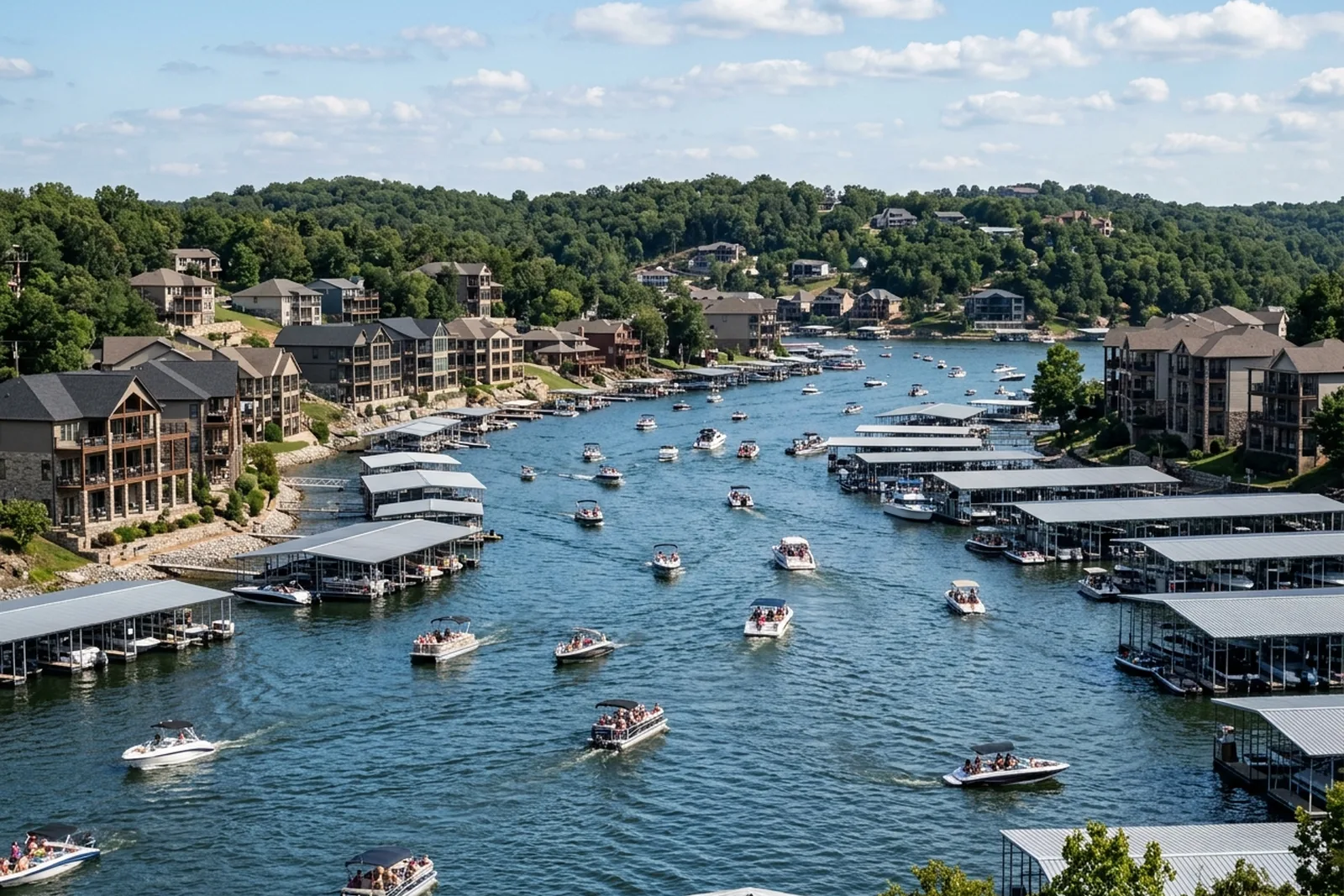 Lake homes and large covered docks along a bend in the lake