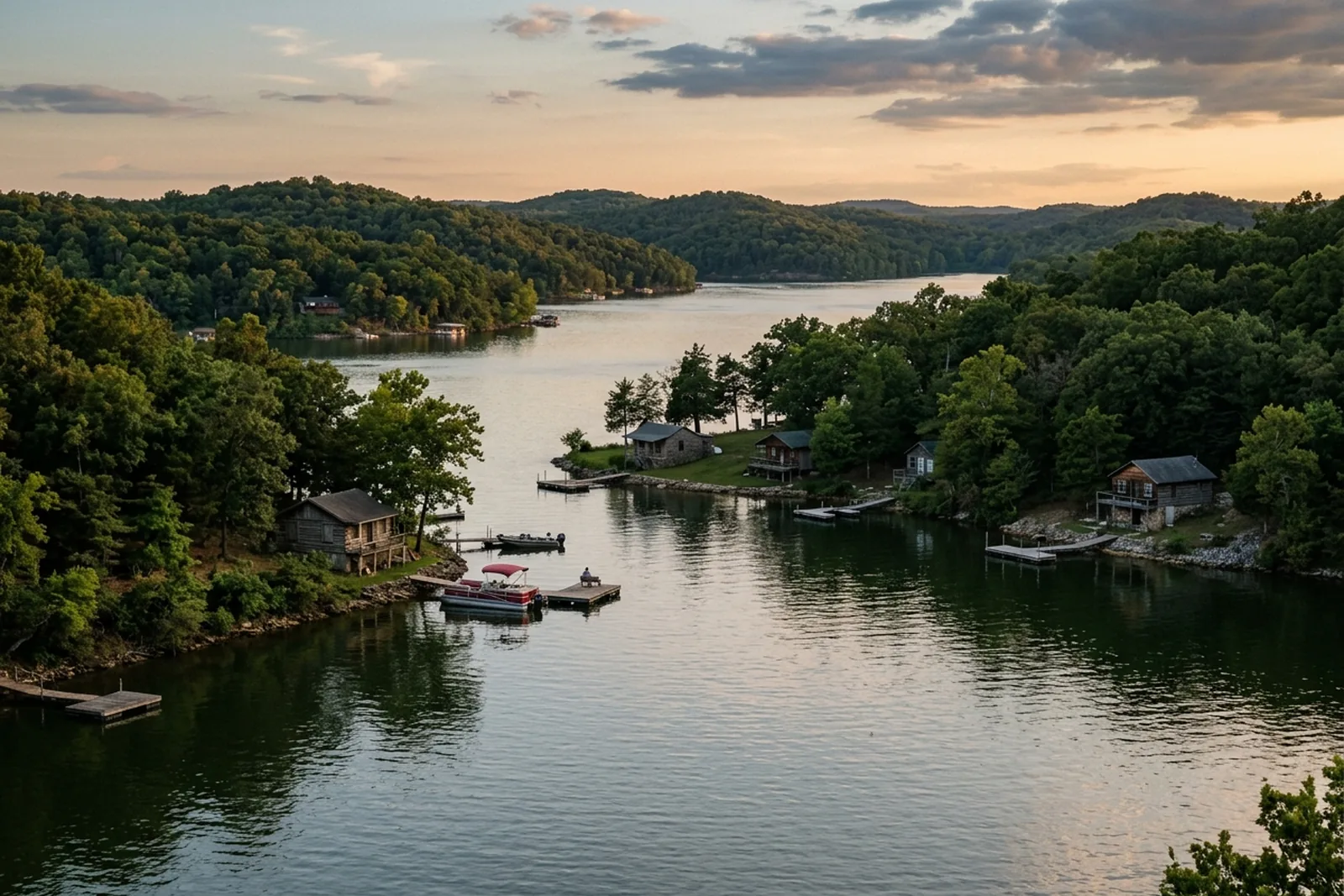 Quiet lake arm with cabins and docks