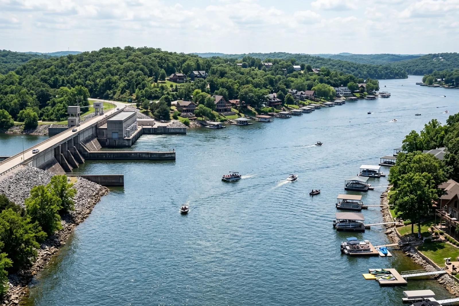 Main channel of the lake with homes and docks along the shore