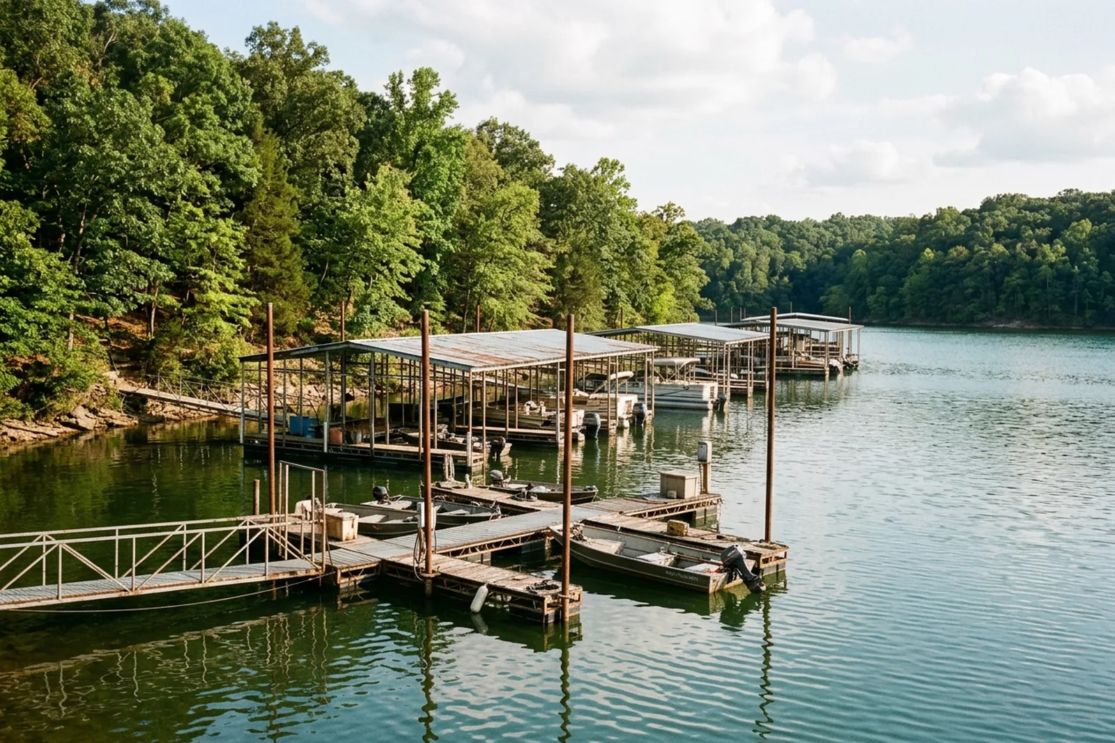 Row of older covered docks in a calm cove