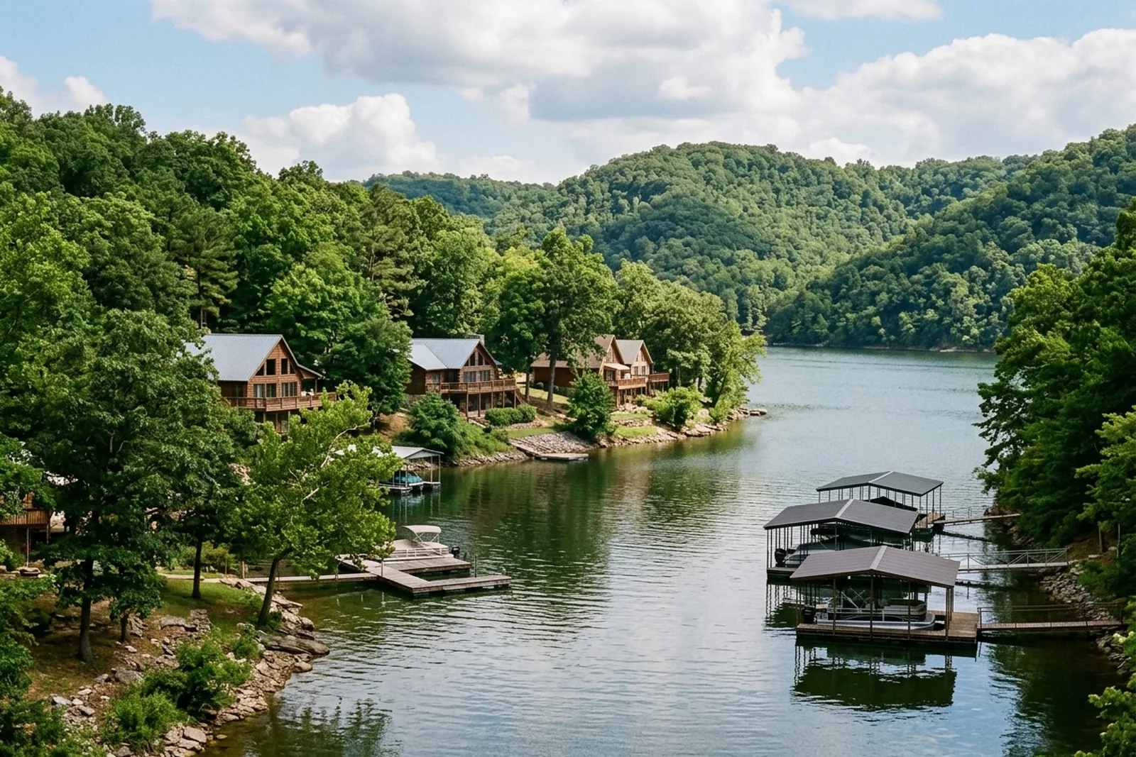 Calm lake cove with homes and covered docks
