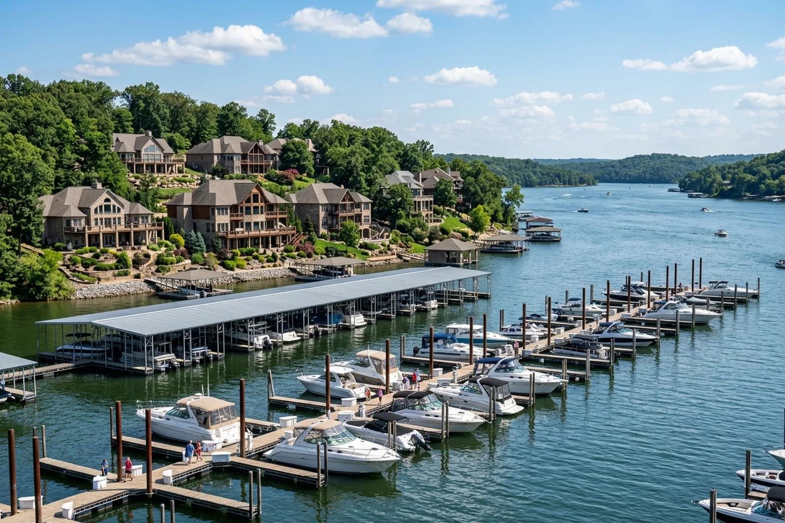 Lakefront homes and marina with covered boat slips