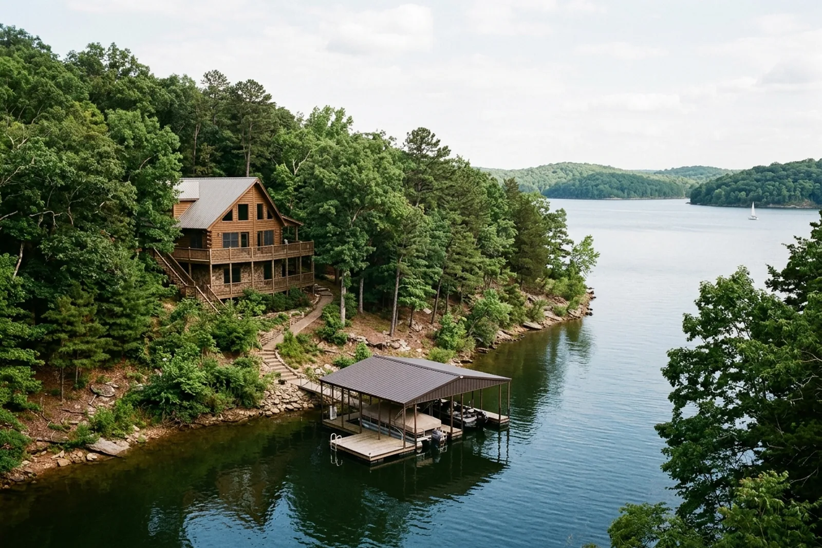 Lake cabin above a covered dock in a peaceful cove