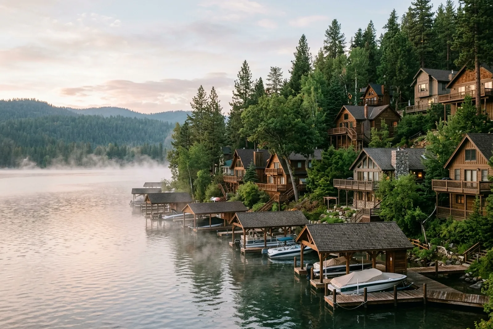 Lake homes and docks in a quiet cove at sunrise