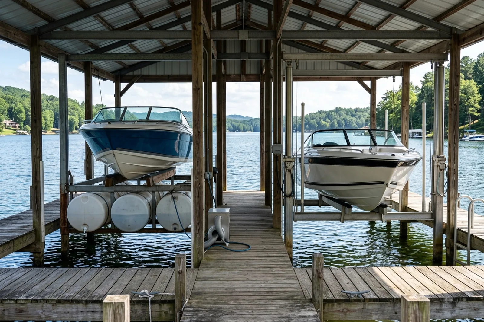 Boats on an air lift and a hydraulic lift in neighboring slips