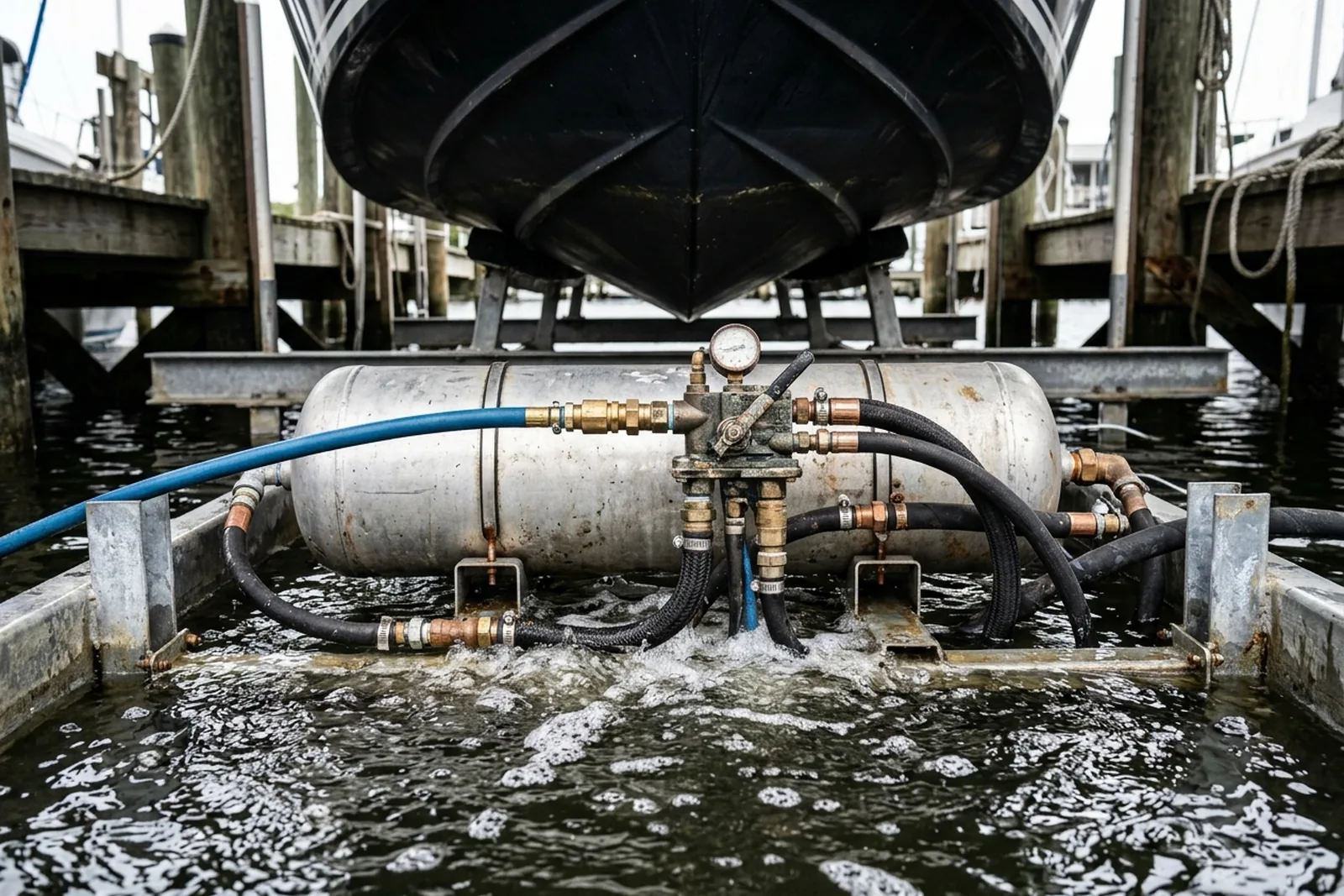 Air lift tanks and hoses with bubbles on the water