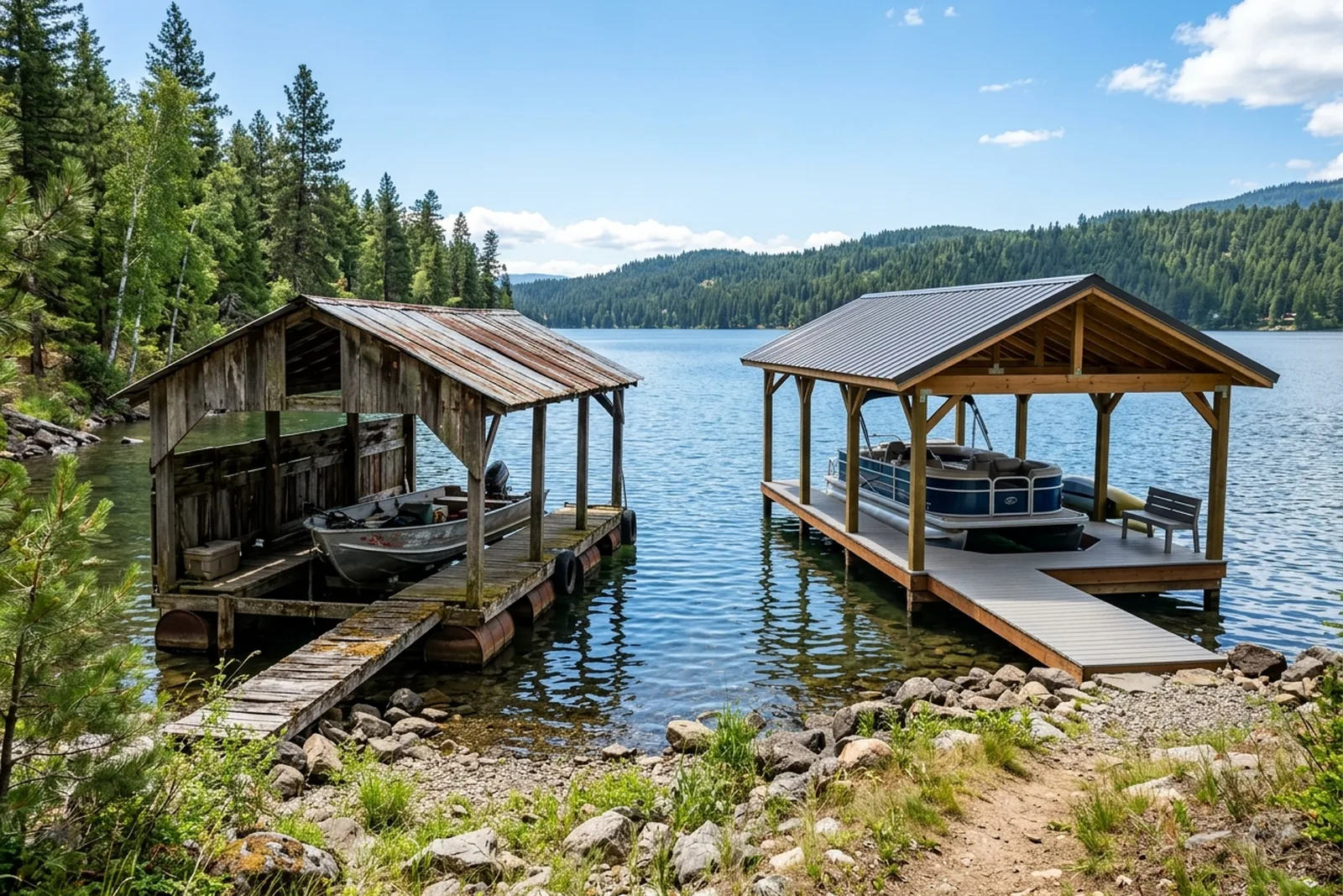 Older weathered dock beside a new dock