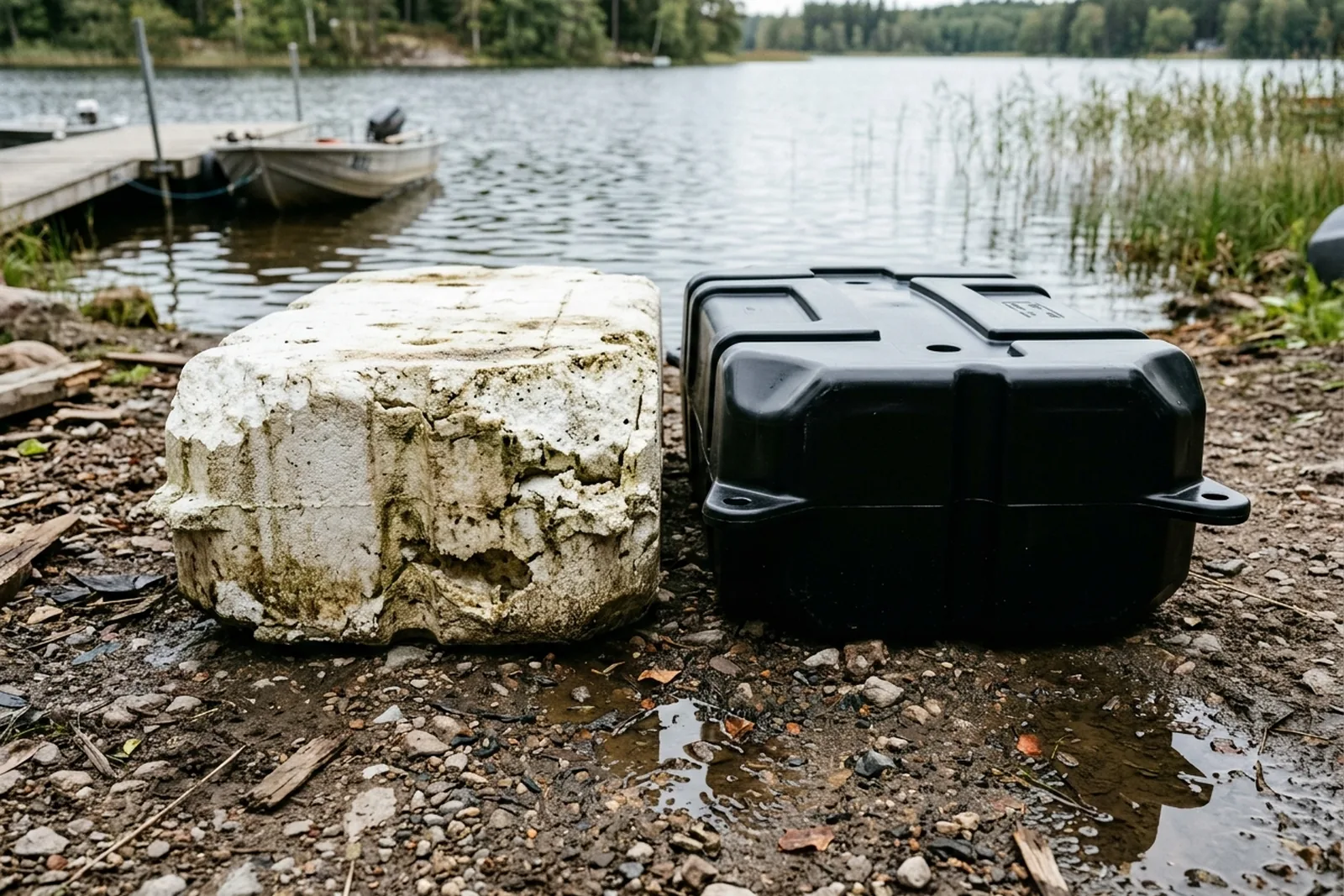 Old foam dock float next to a new encapsulated float