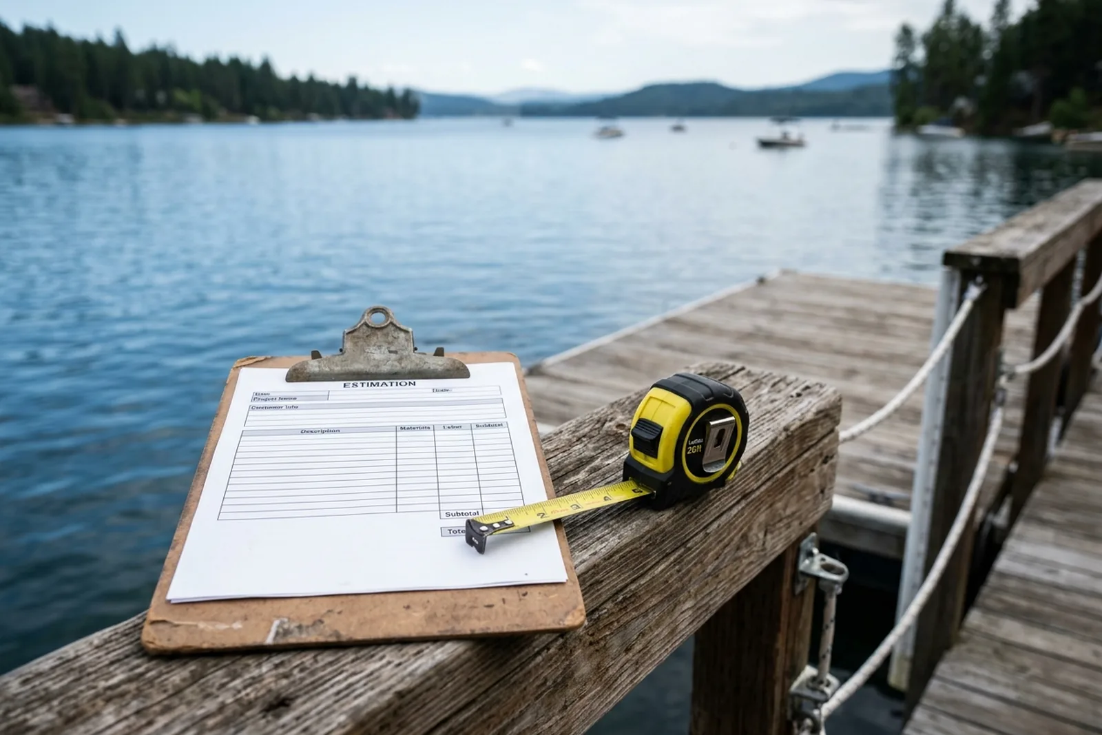 Clipboard and tape measure on a boat dock railing