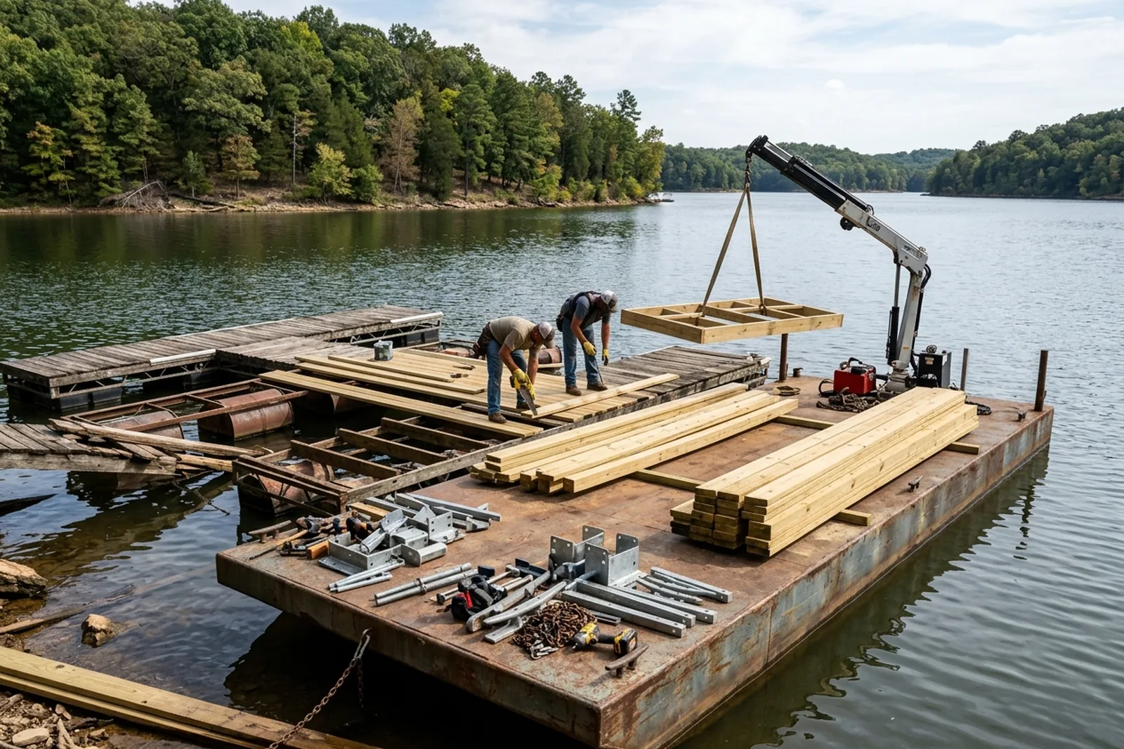 Work barge alongside a floating dock during repairs