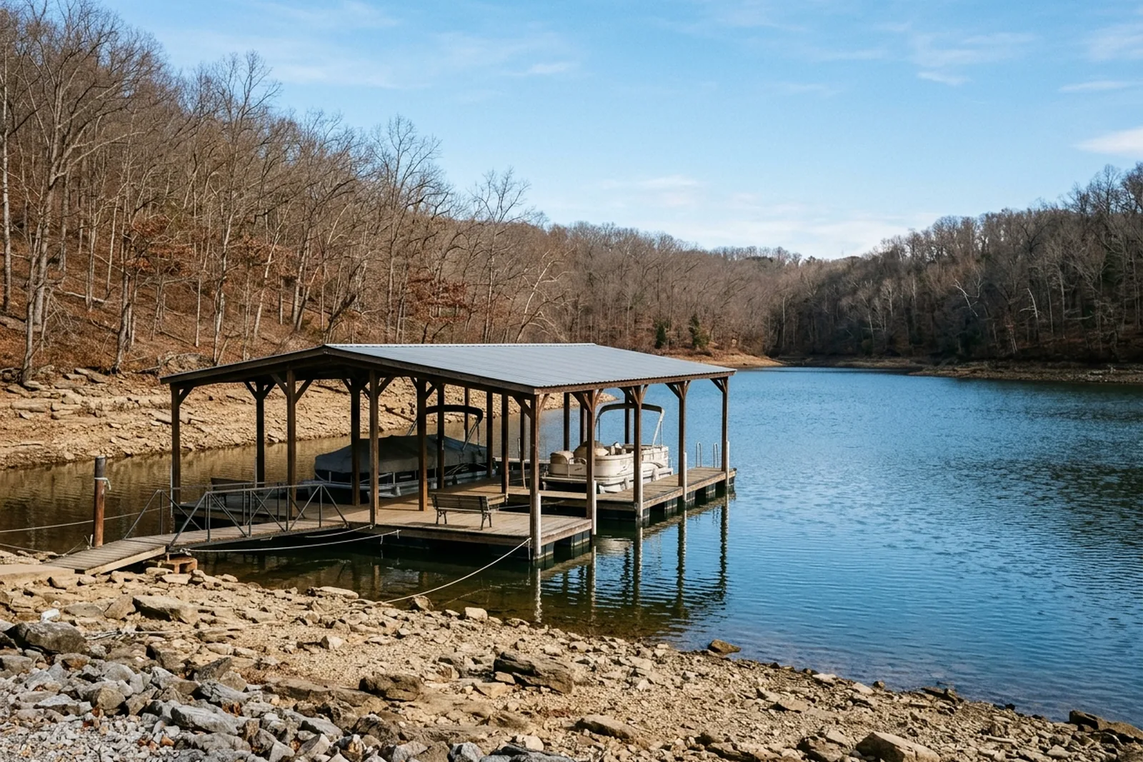 Covered dock on the lake in late fall with lower water