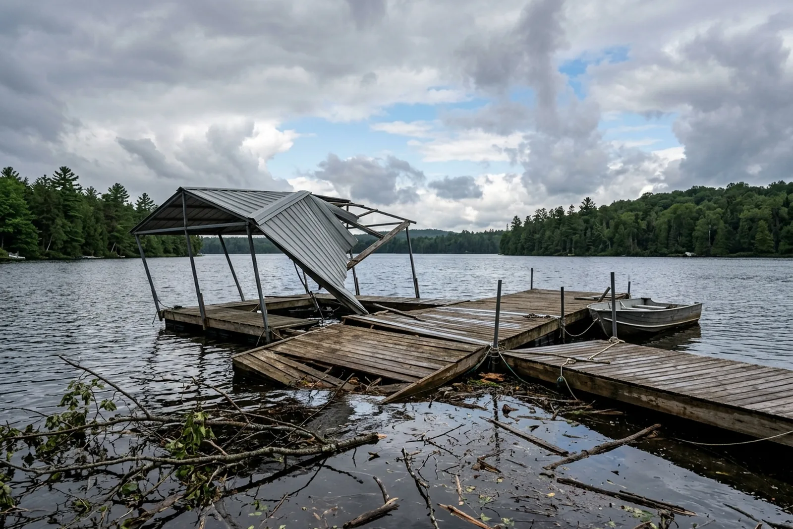 Storm-damaged floating dock with a tilted section