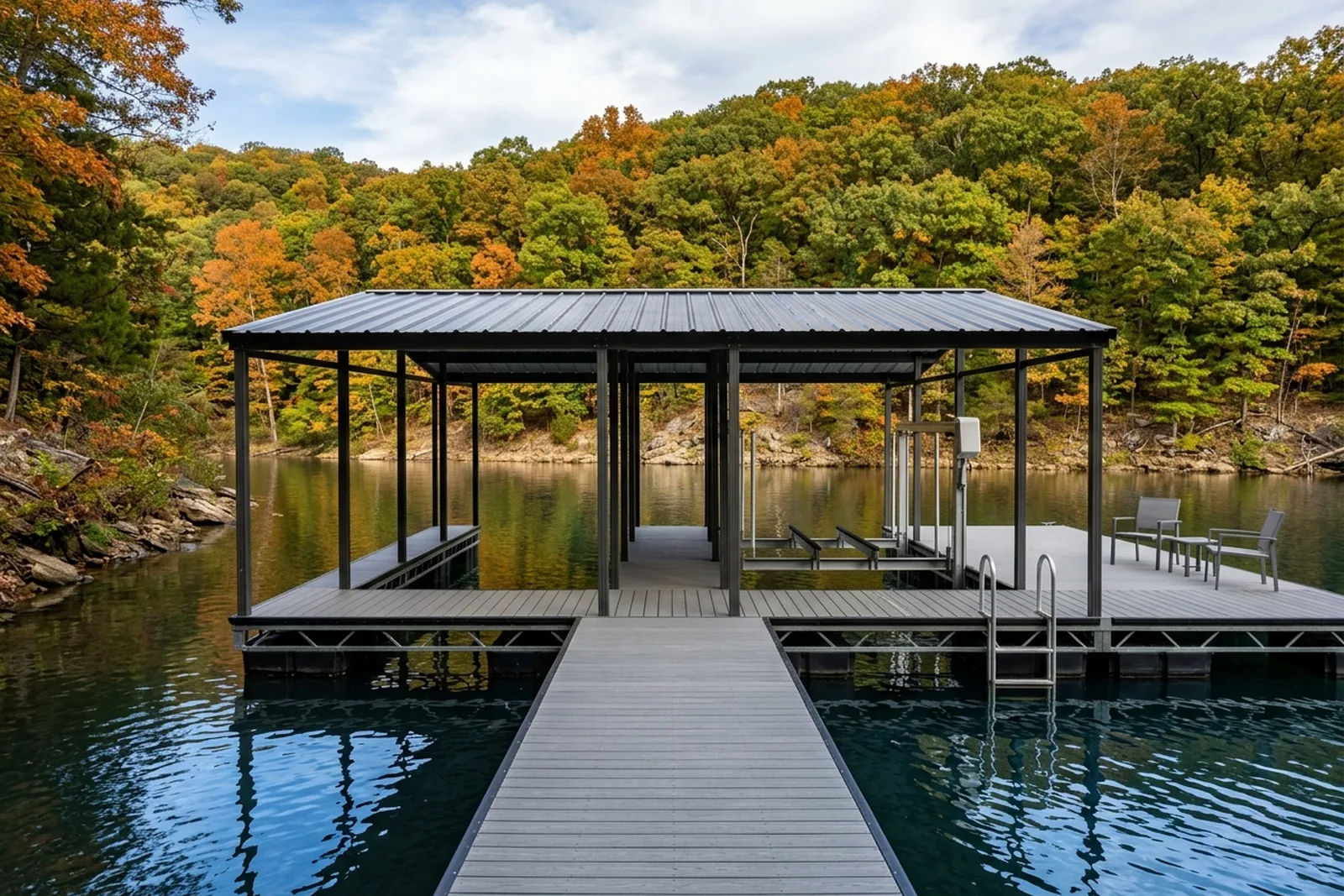 New two-slip covered boat dock in a wooded cove