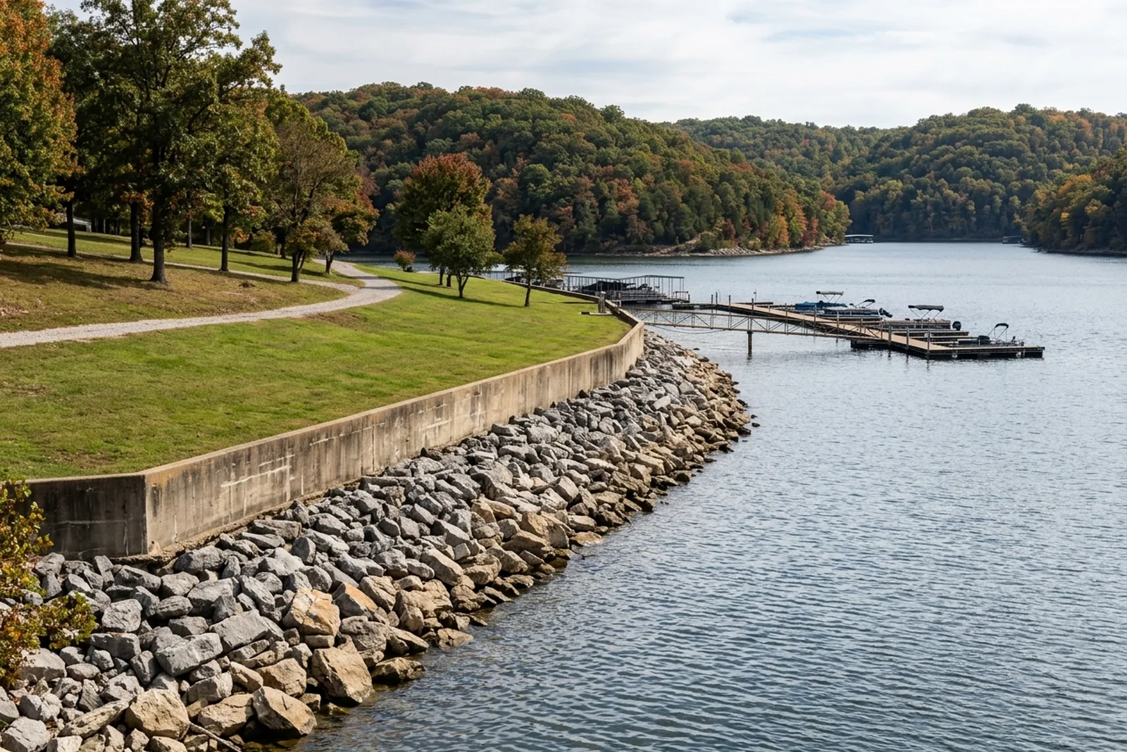 Rip rap rock and seawall protecting a lake shoreline